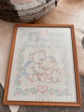 Vintage Framed Fabric Sampler Pattern Teddy Bear Kitten Home Decor